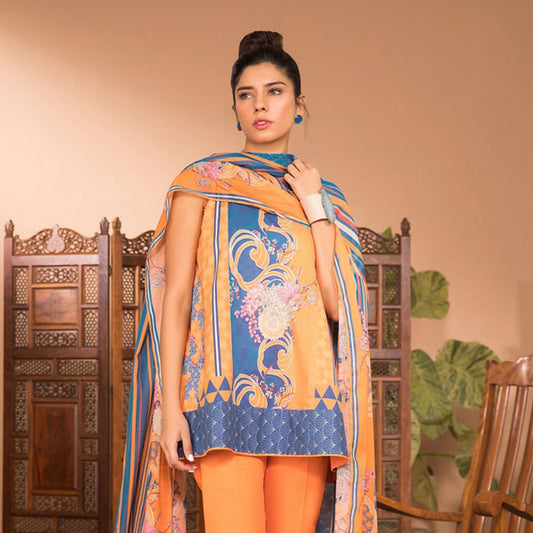 Sapphire Orange & Blue Printed 3-Piece Dhanak Suit with Striped Shawl( UNSTITCH )