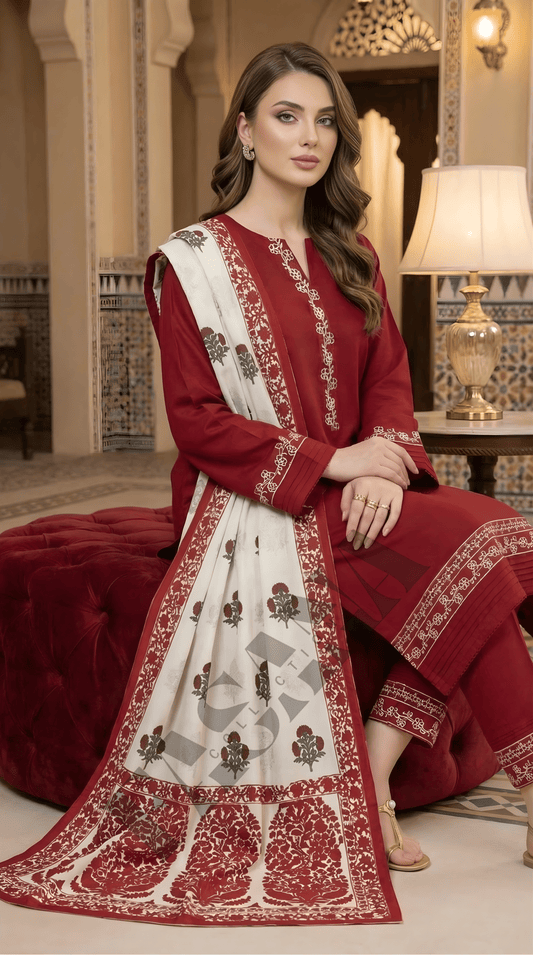 Dhanak 3PC Embroidered Winter Suit with Wool Shawl (UNSTITCH)
