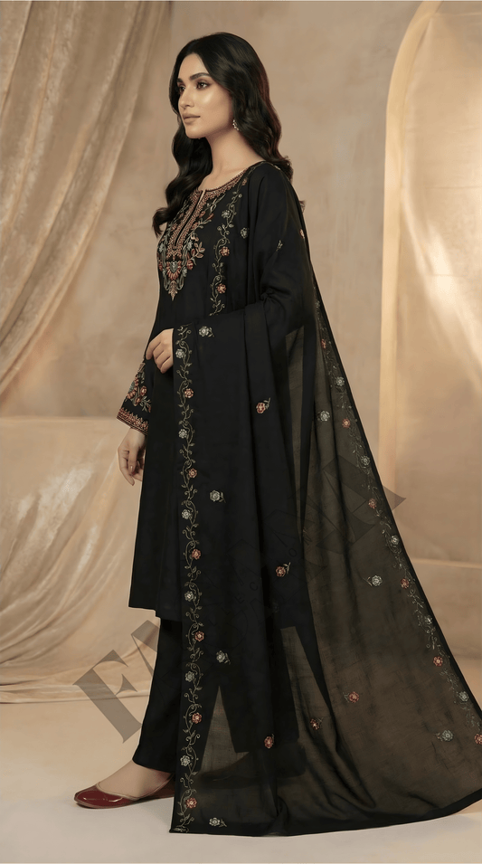 Dhanak 3PC Embroidered Winter Suit with Embroidered Shawl (UNSTITCH)