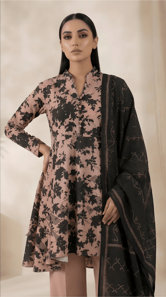 Sapphire Blush & Black Printed 3-Piece khaddar Suit (UNSTITCH)