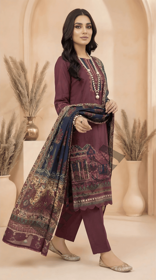 Mausummery Winter Khaddar Garnet 3PC Digital Printed Unstitched Suit