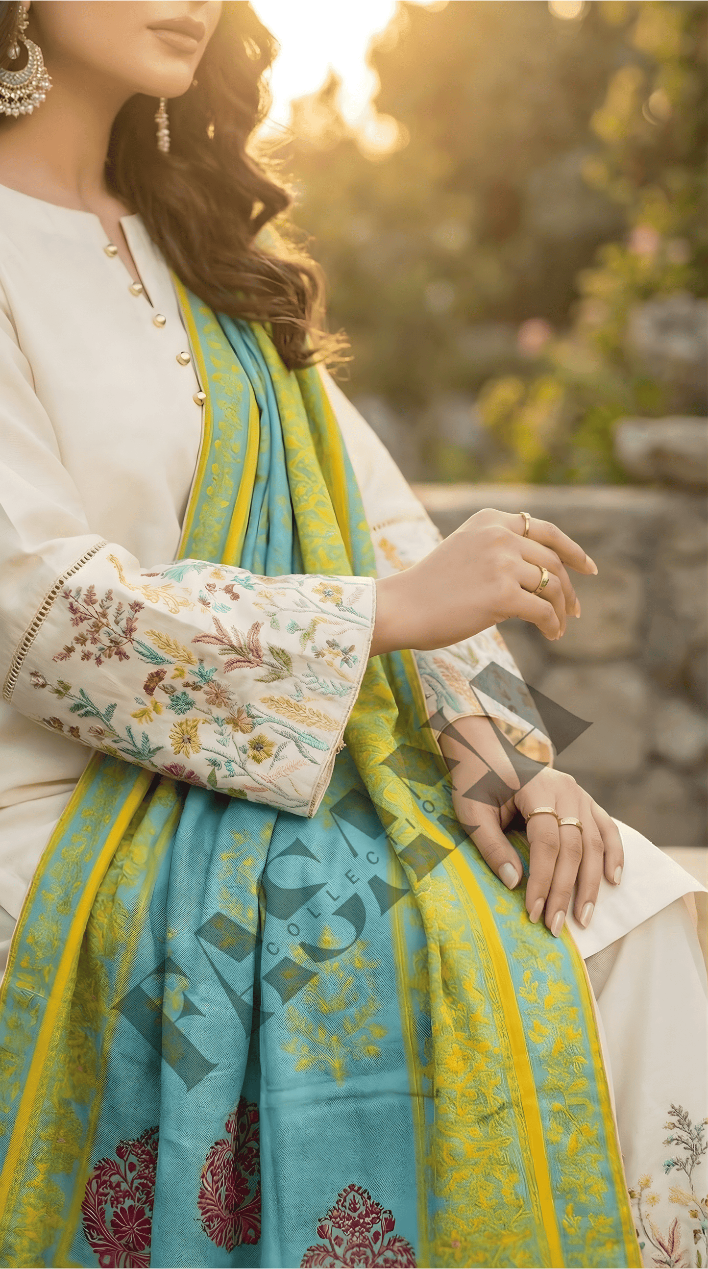 Elegant Ivory 3-Piece Dhanak Suit with Printed Shawl ( UNSTITCH)