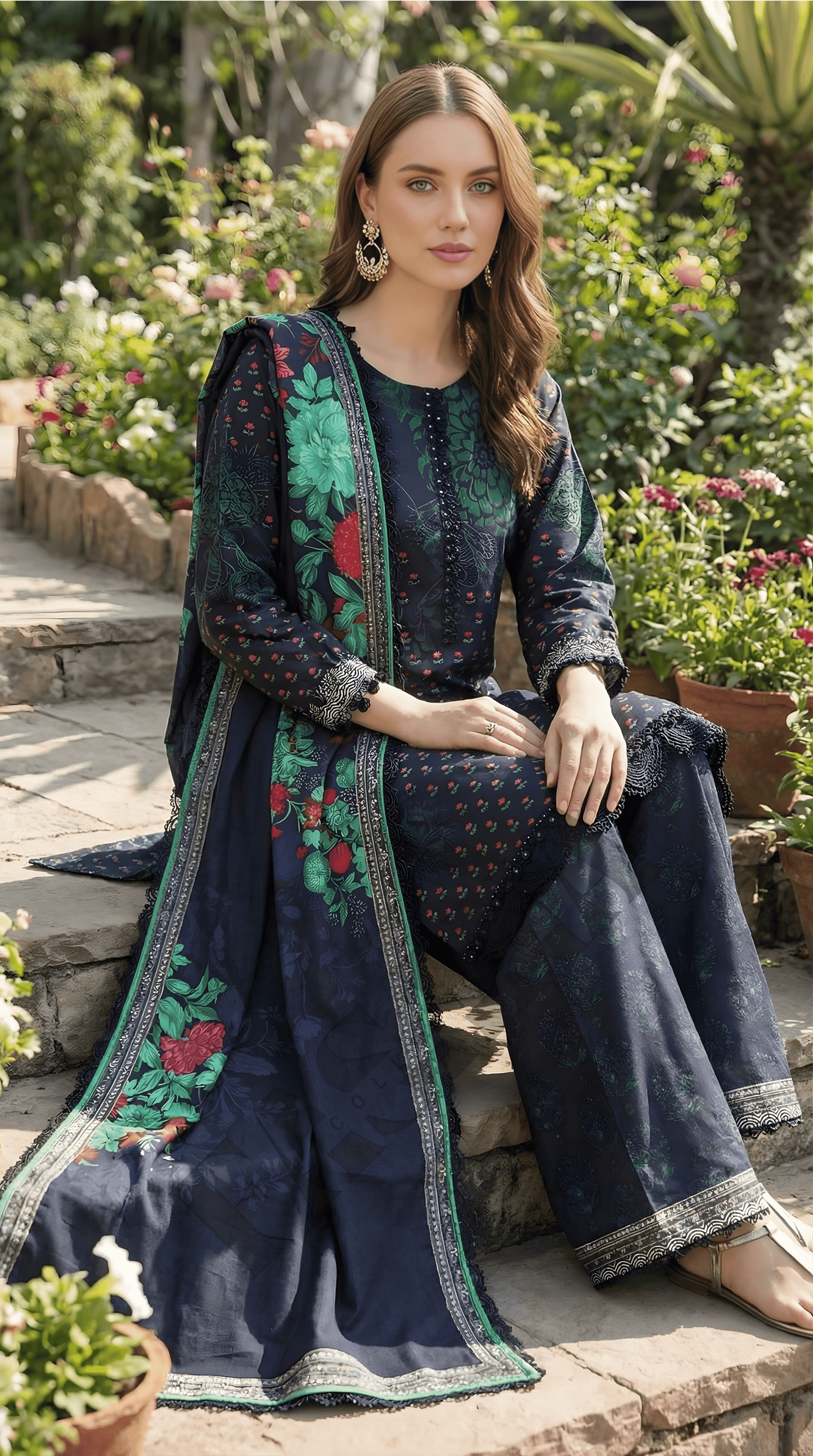 Charizma Blue Floral 3-Piece Dhanak Suit with Printed Dupatta