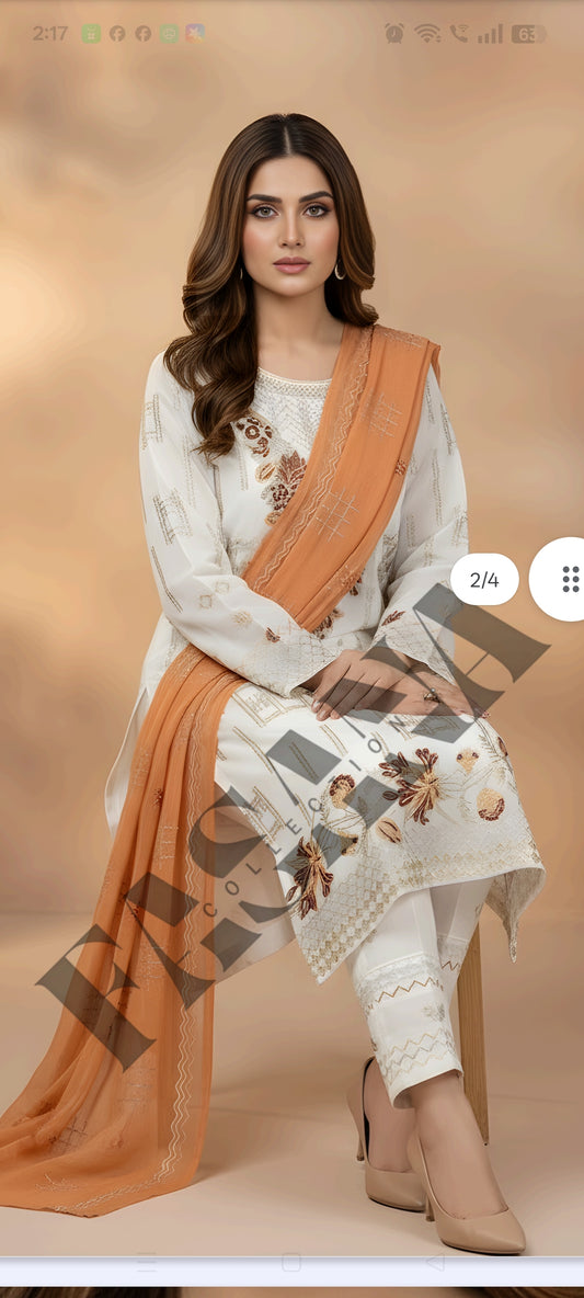 This is an unstitched lawn collection 3-piece suit with sequence embroidered front, embroidered sleeves, embroidered trouser, and a Bamber embroidered chiffon dupatta.