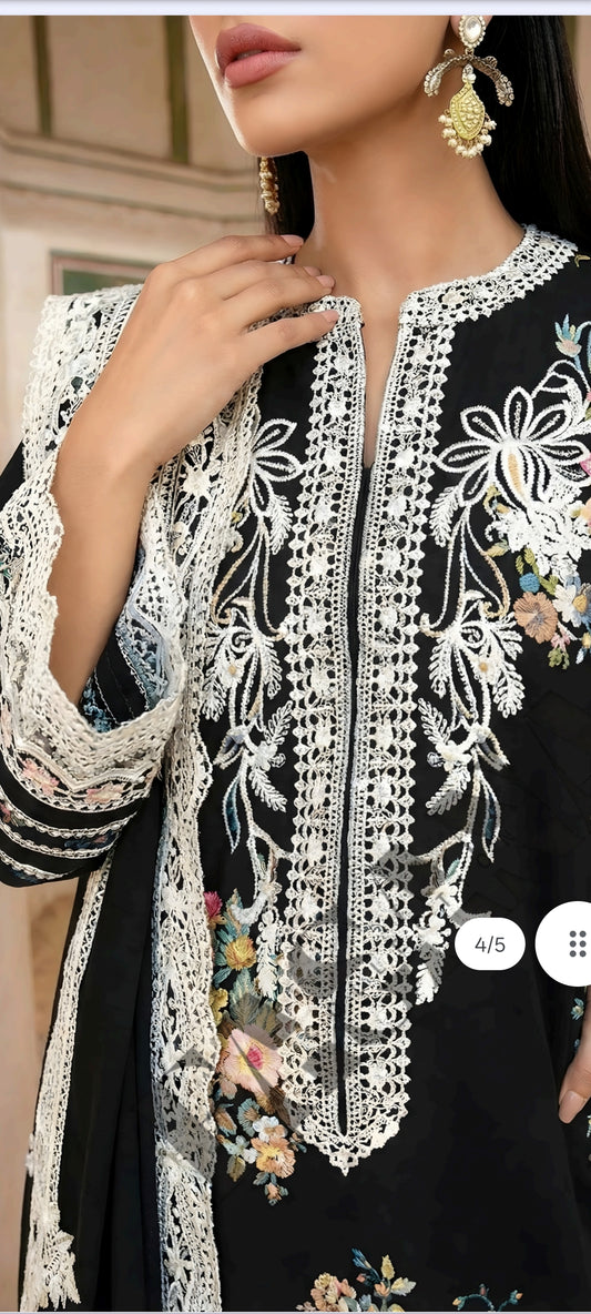 .This is an unstitched lawn collection 3-piece suit with sequence embroidered front, embroidered sleeves, embroidered trouser, and a Bamber embroidered chiffon dupatta.