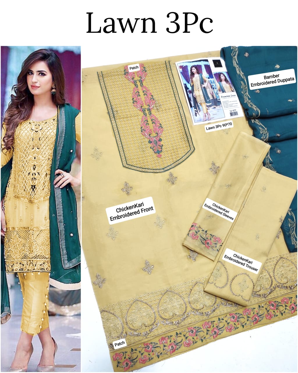 .This is an unstitched lawn collection 3-piece suit with sequence embroidered front, embroidered sleeves, embroidered trouser, and a Bamber embroidered chiffon dupatta.