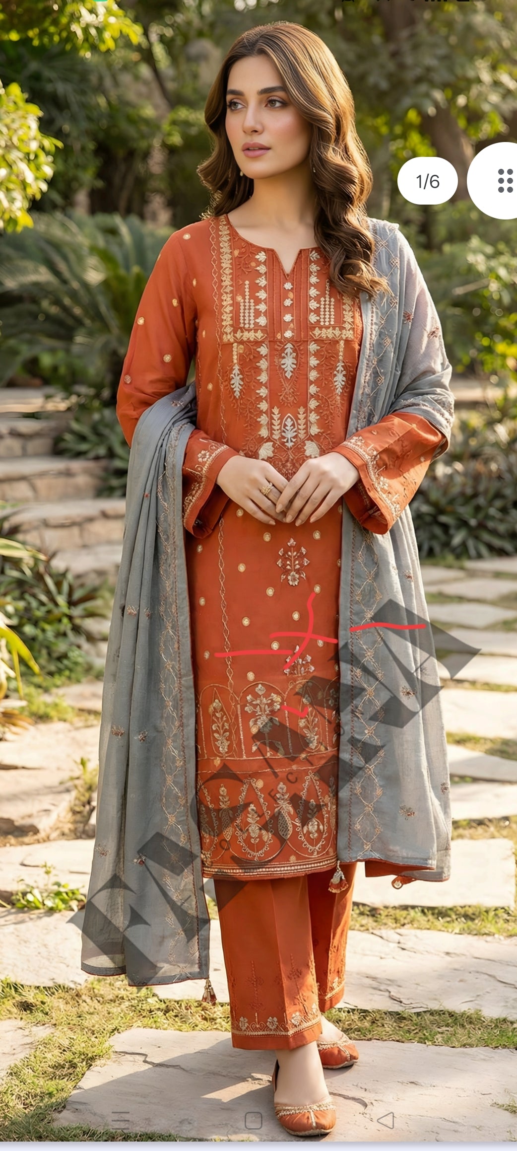 This is an unstitched lawn collection 3-piece suit with sequence embroidered front, embroidered sleeves, embroidered trouser, and a Bamber embroidered chiffon dupatta.