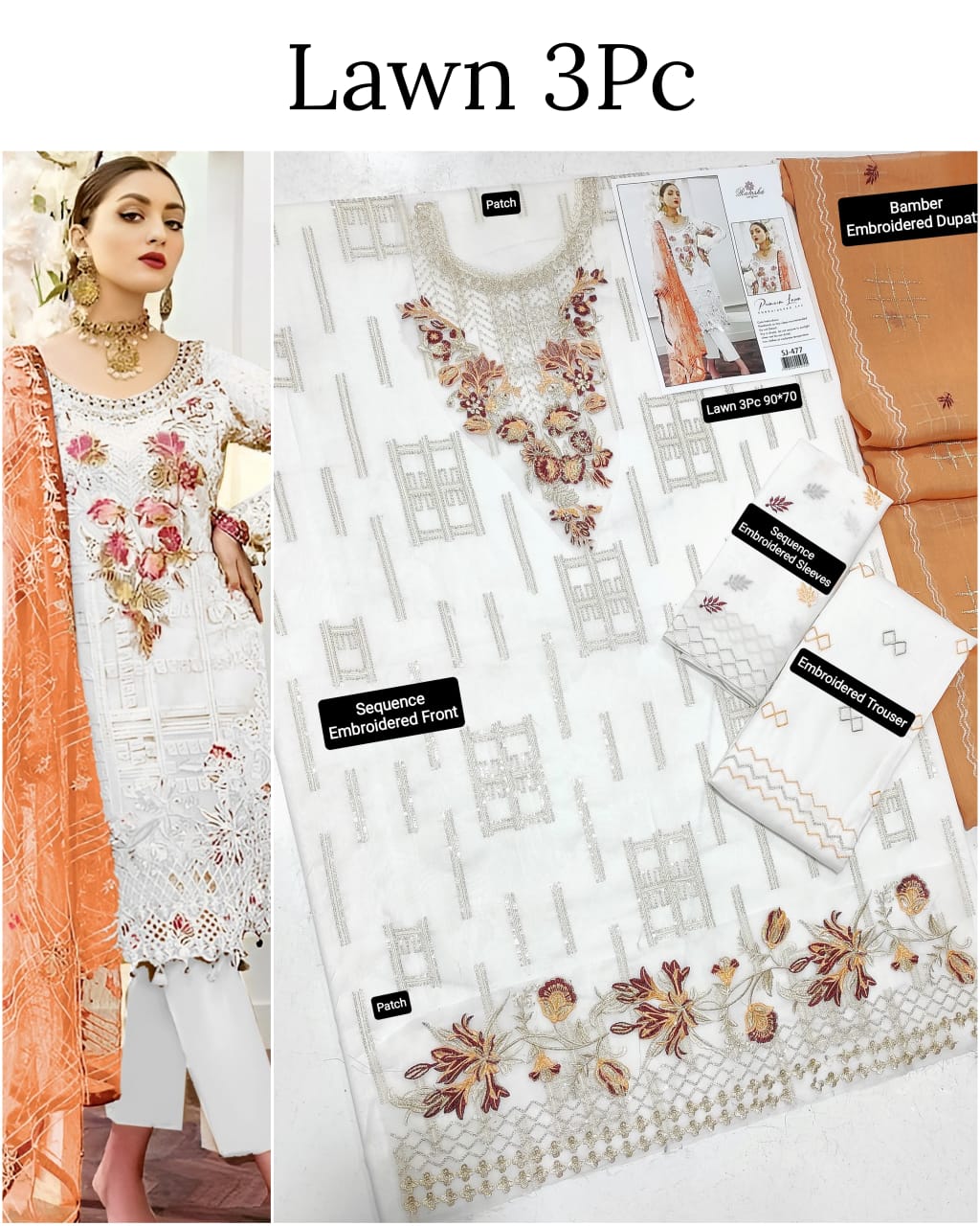This is an unstitched lawn collection 3-piece suit with sequence embroidered front, embroidered sleeves, embroidered trouser, and a Bamber embroidered chiffon dupatta.