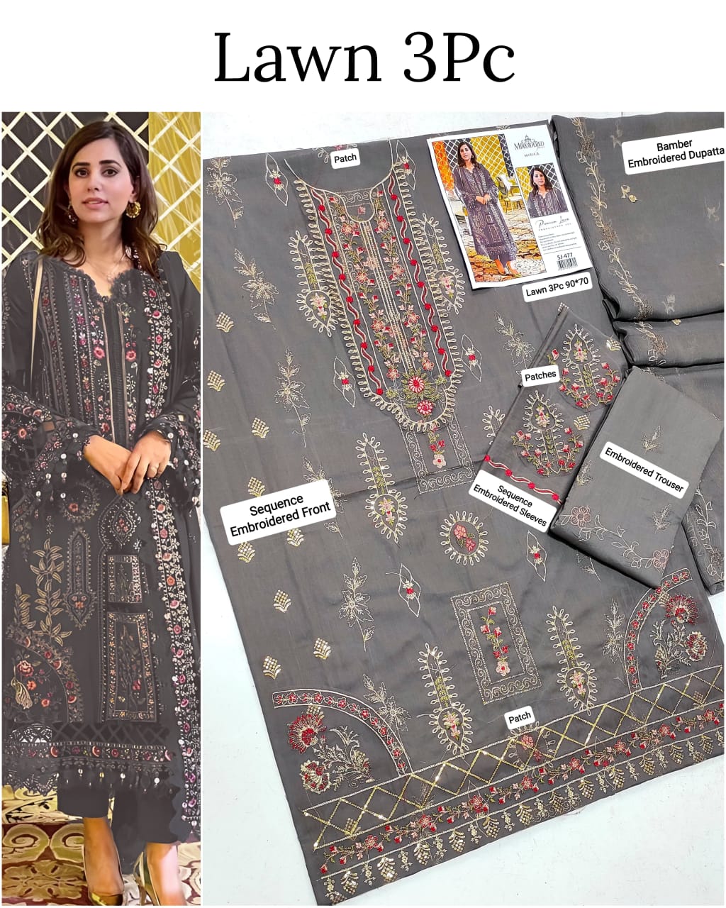 This is an unstitched lawn collection 3-piece suit with sequence embroidered front, embroidered sleeves, embroidered trouser, and a Bamber embroidered chiffon dupatta.