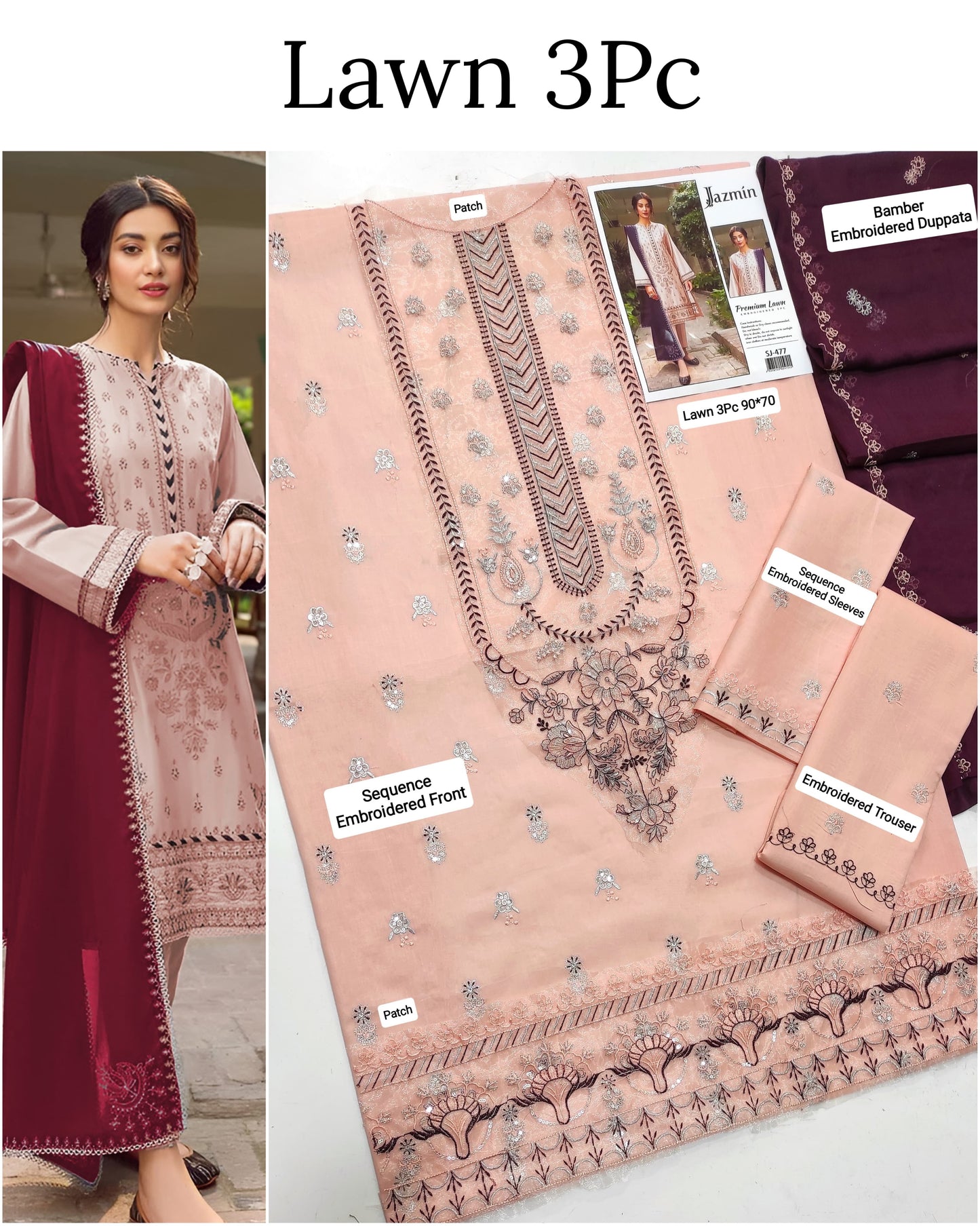 This is an unstitched lawn collection 3-piece suit with sequence embroidered front, embroidered sleeves, embroidered trouser, and a Bamber embroidered chiffon dupatta.