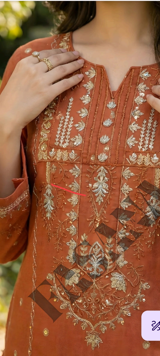 This is an unstitched lawn collection 3-piece suit with sequence embroidered front, embroidered sleeves, embroidered trouser, and a Bamber embroidered chiffon dupatta.