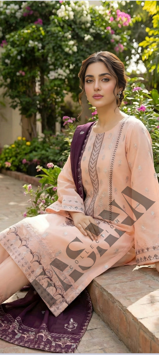 This is an unstitched lawn collection 3-piece suit with sequence embroidered front, embroidered sleeves, embroidered trouser, and a Bamber embroidered chiffon dupatta.
