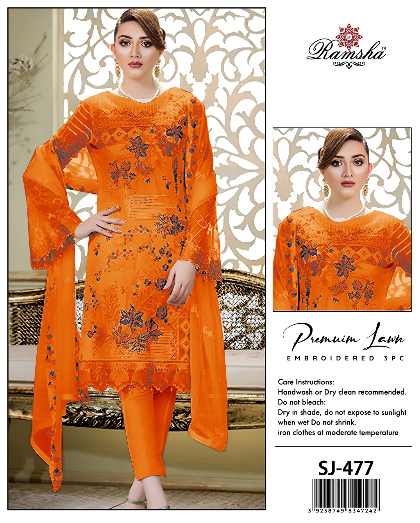 unstitched lawn collection 3-piece suit with sequence embroidered front, sleeves,trouser, and a Bamber embroidered chiffon dupatta.