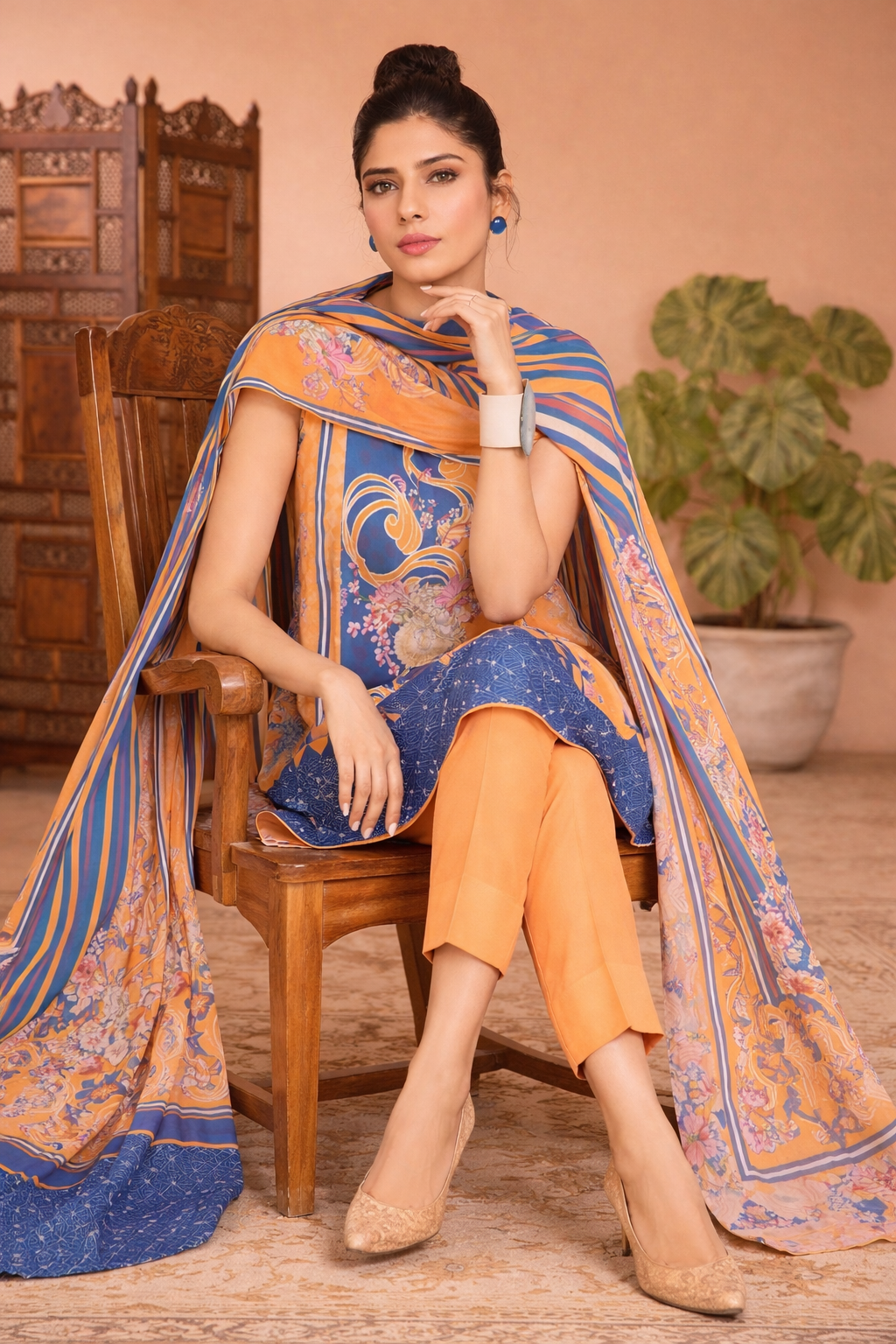 Sapphire Orange & Blue Printed 3-Piece Dhanak Suit with Striped Shawl( UNSTITCH )