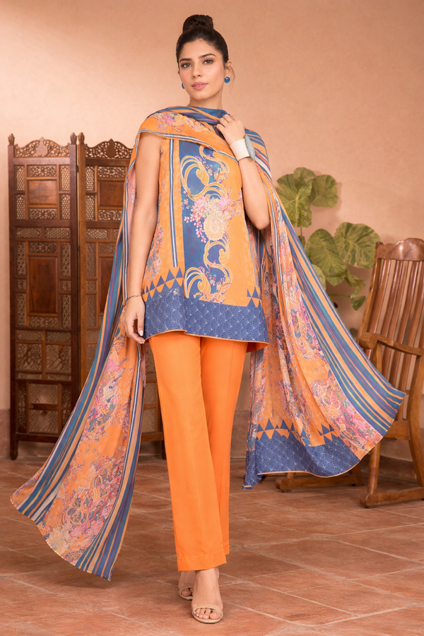Sapphire Orange & Blue Printed 3-Piece Dhanak Suit with Striped Shawl( UNSTITCH )