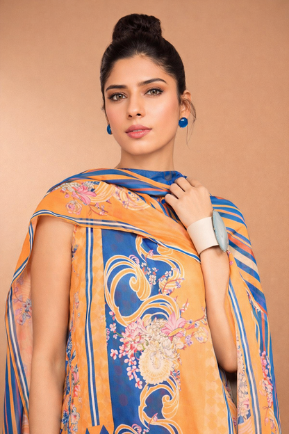 Sapphire Orange & Blue Printed 3-Piece Dhanak Suit with Striped Shawl( UNSTITCH )