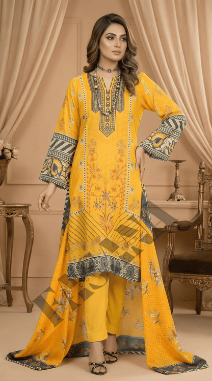 ETHNC Mustard Yellow Printed 3PC Lawn Suit with Elegant Dupatta( UNSTITCH)