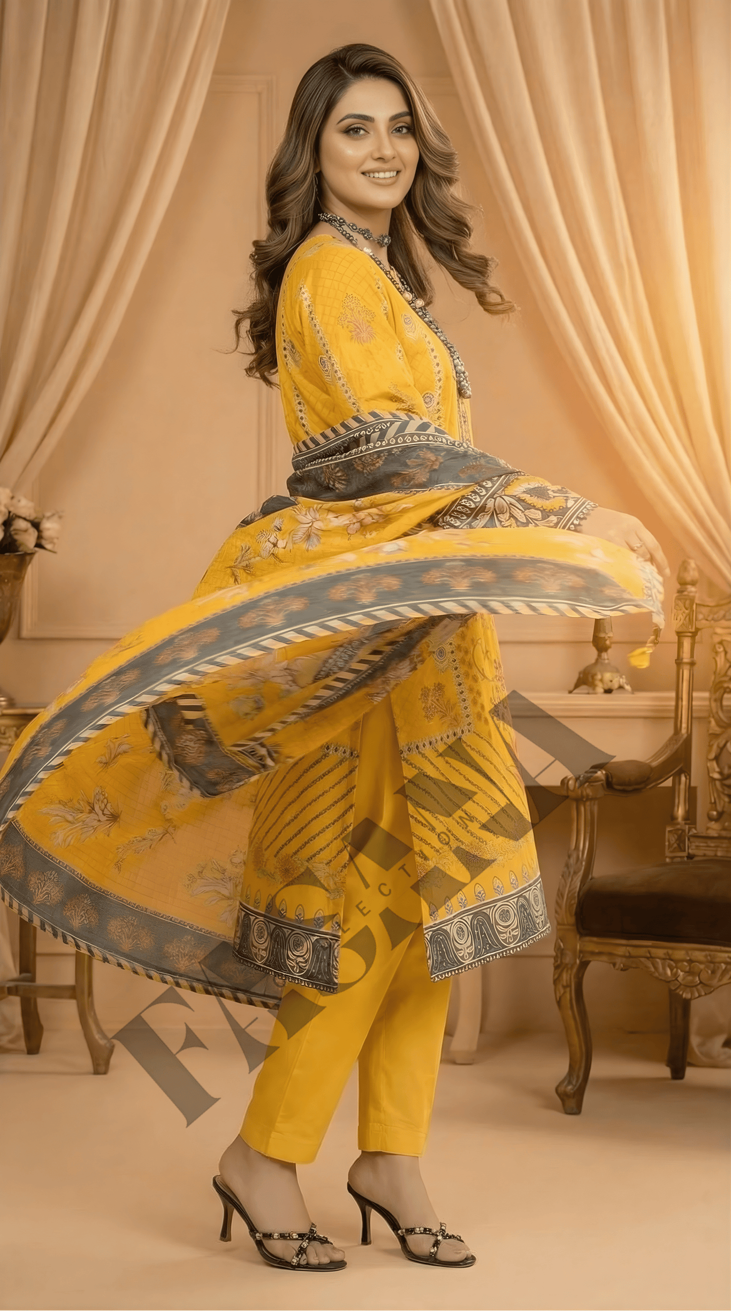 ETHNC Mustard Yellow Printed 3PC Lawn Suit with Elegant Dupatta( UNSTITCH)