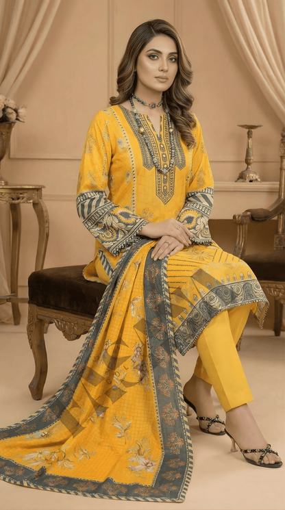 ETHNC Mustard Yellow Printed 3PC Lawn Suit with Elegant Dupatta( UNSTITCH)