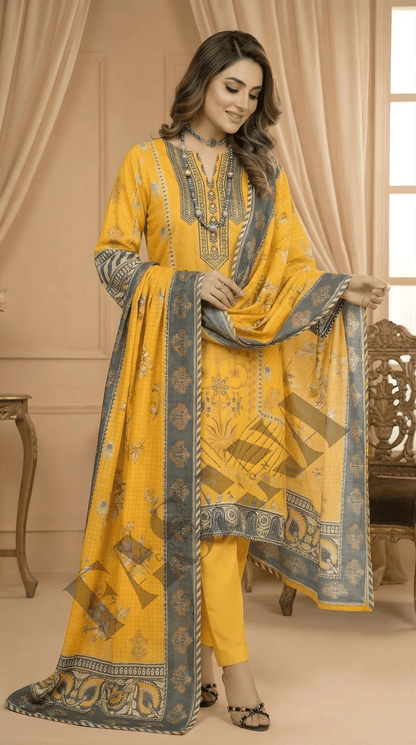 ETHNC Mustard Yellow Printed 3PC Lawn Suit with Elegant Dupatta( UNSTITCH)