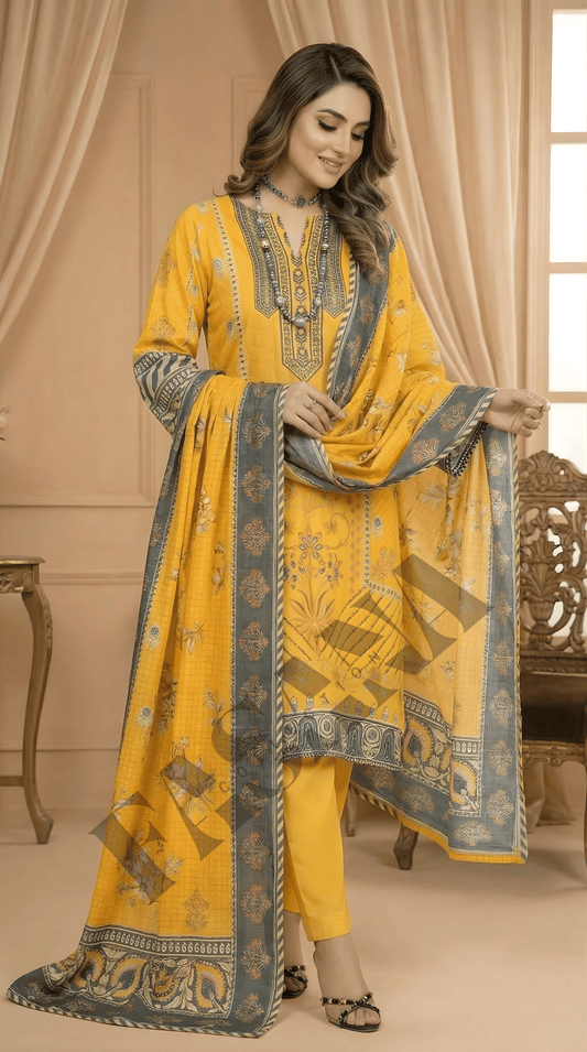 ETHNC Mustard Yellow Printed 3PC Lawn Suit with Elegant Dupatta( UNSTITCH)