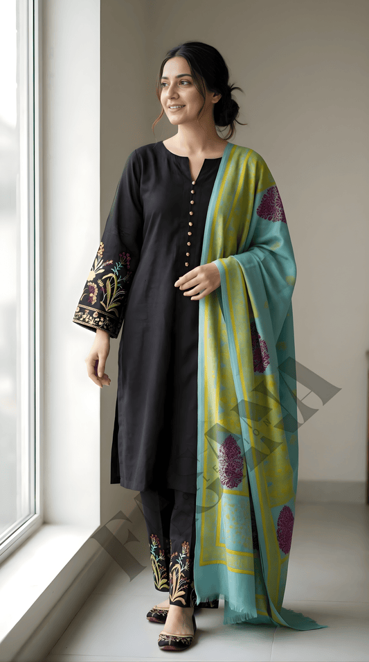 Dhanak 3PC Embroidered Winter Suit with Wool Shawl