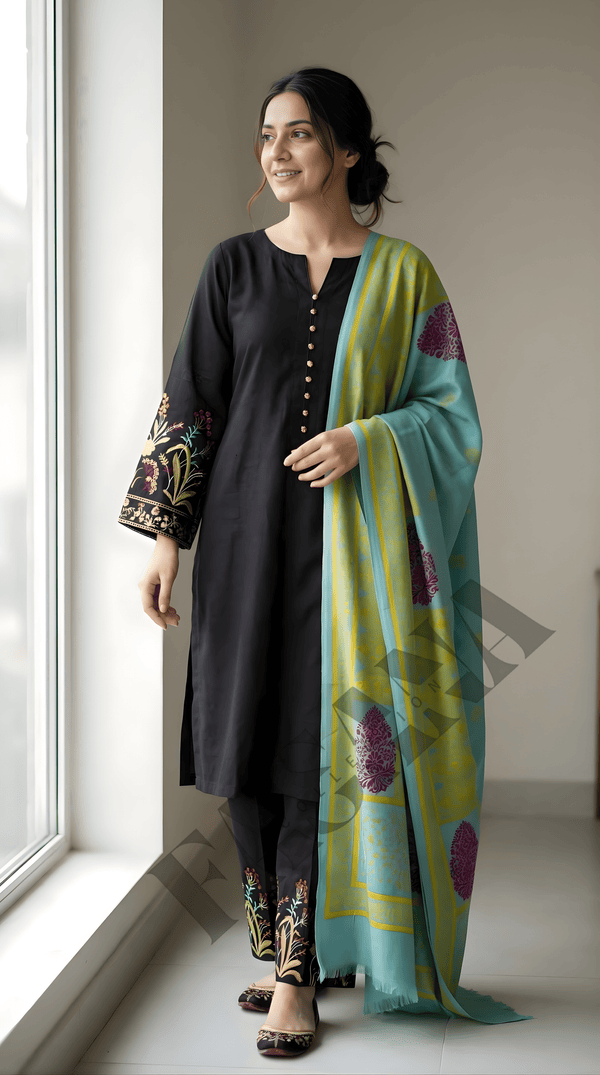 Dhanak 3PC Embroidered Winter Suit with Wool Shawl