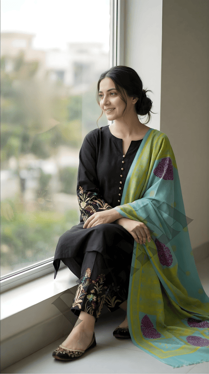 Dhanak 3PC Embroidered Winter Suit with Wool Shawl