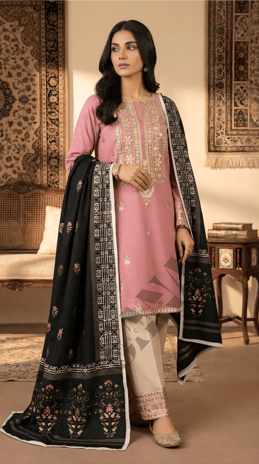 Dhanak 3PC Embroidered Winter Suit with Wool Shawl (UNSTITCH)