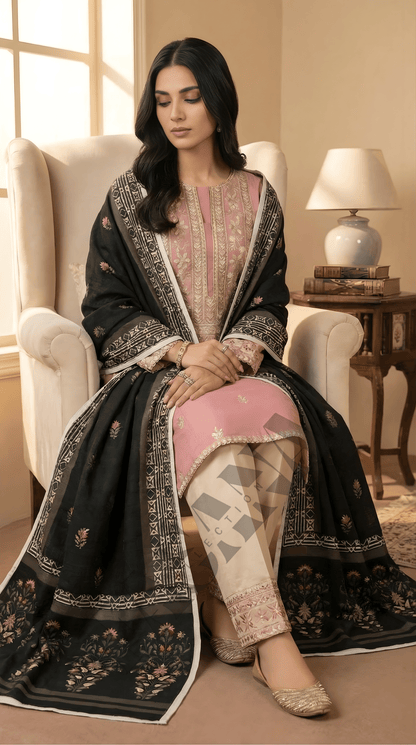 Dhanak 3PC Embroidered Winter Suit with Wool Shawl (UNSTITCH)