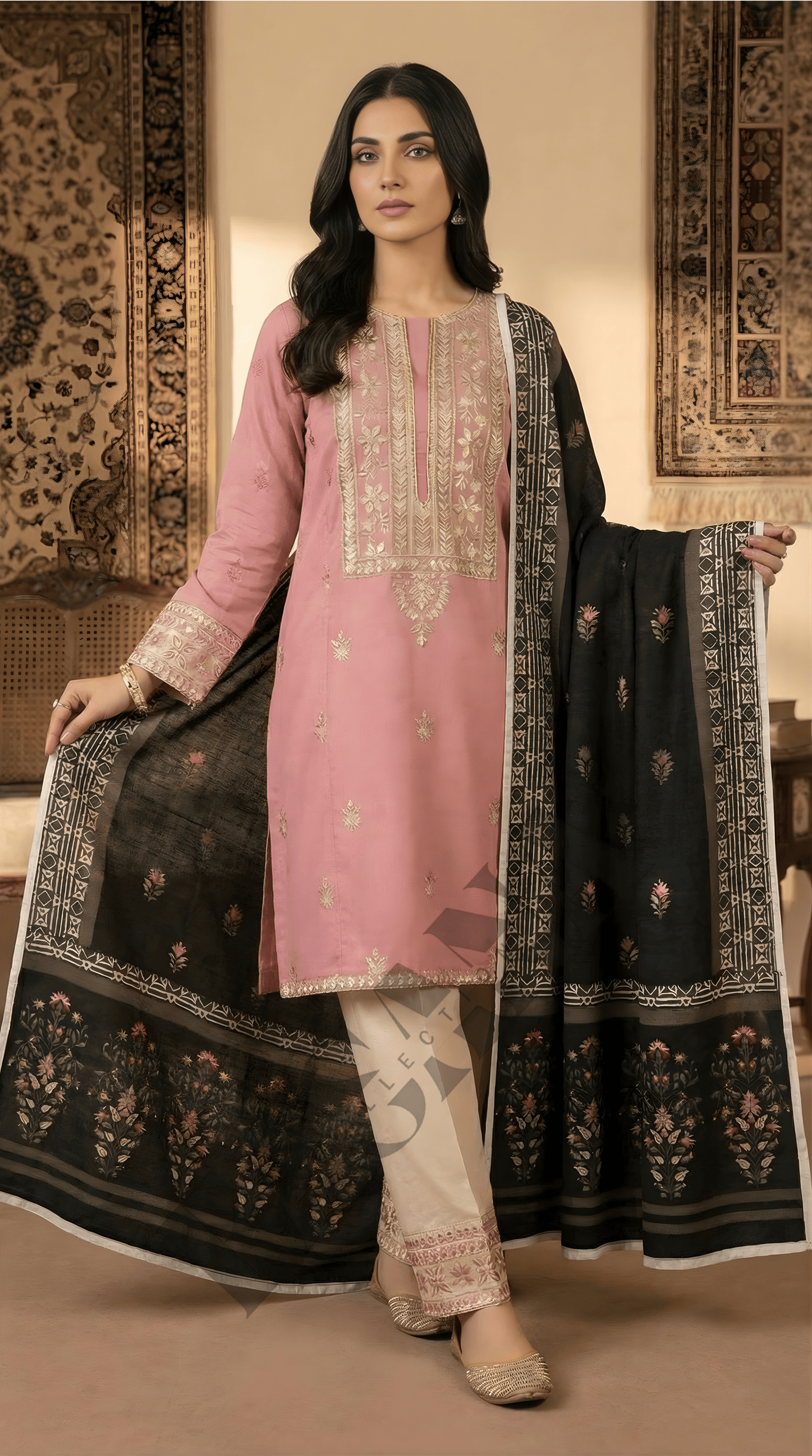 Dhanak 3PC Embroidered Winter Suit with Wool Shawl (UNSTITCH)