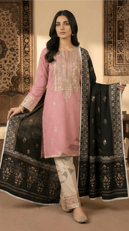 Dhanak 3PC Embroidered Winter Suit with Wool Shawl (UNSTITCH)