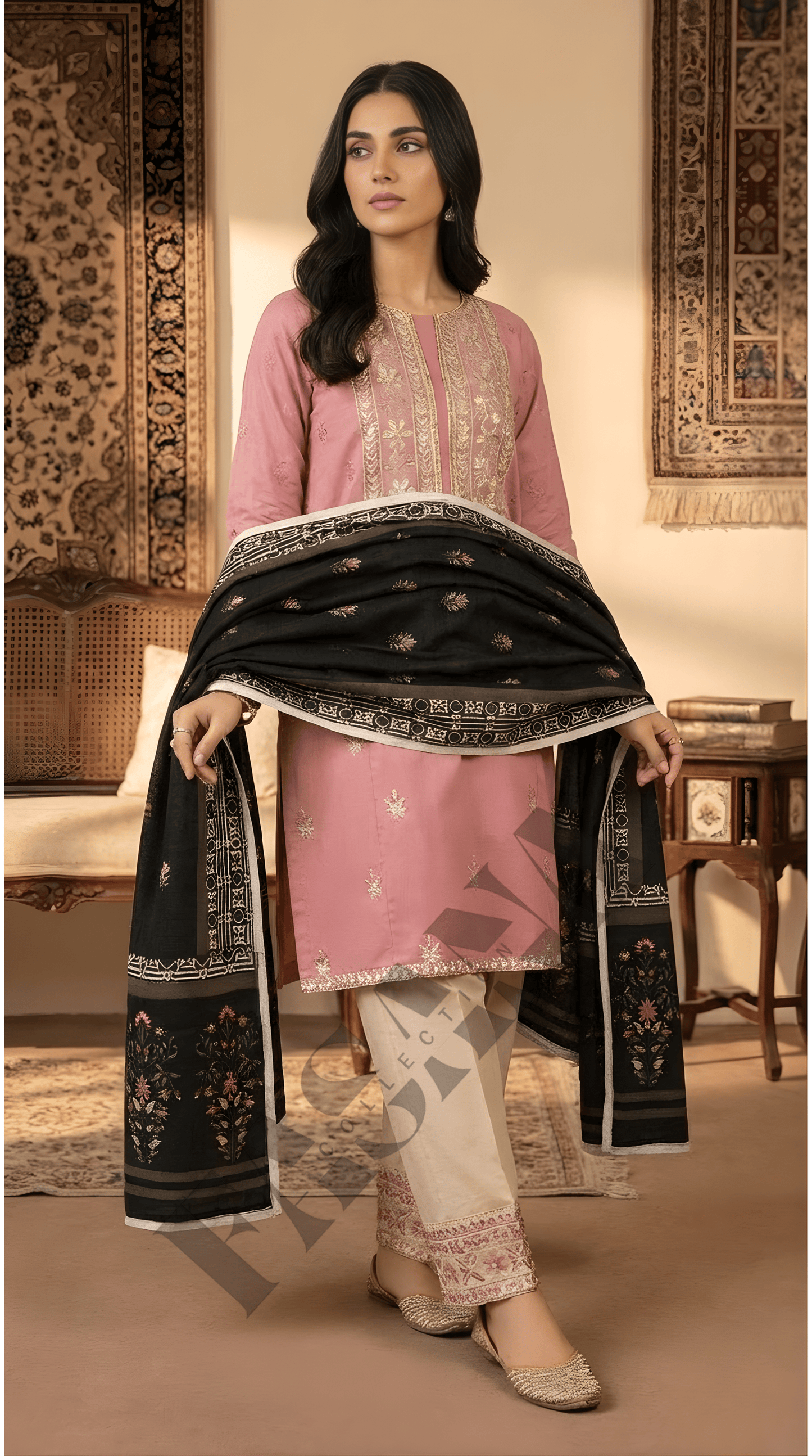 Dhanak 3PC Embroidered Winter Suit with Wool Shawl (UNSTITCH)