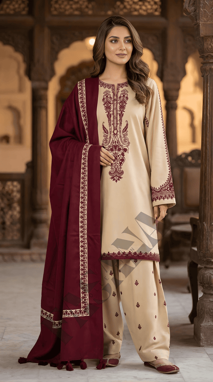 Dhanak 3PC Embroidered Winter Suit with Wool Shawl(UNSTITCH)