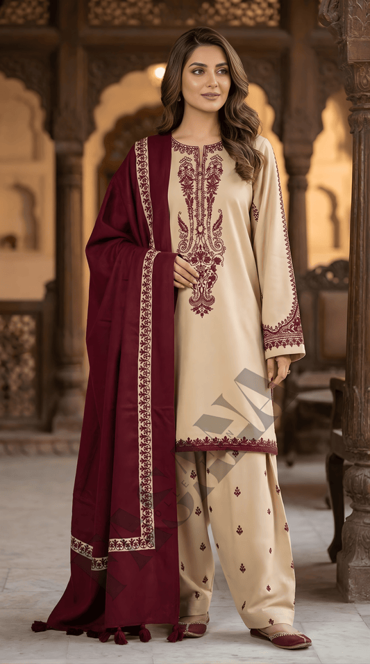 Dhanak 3PC Embroidered Winter Suit with Wool Shawl(UNSTITCH)