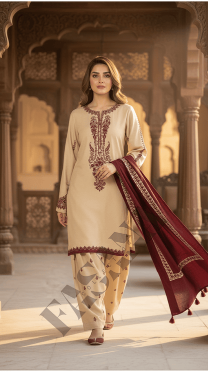 Dhanak 3PC Embroidered Winter Suit with Wool Shawl(UNSTITCH)
