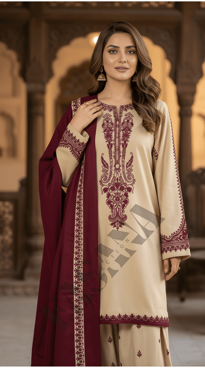 Dhanak 3PC Embroidered Winter Suit with Wool Shawl(UNSTITCH)