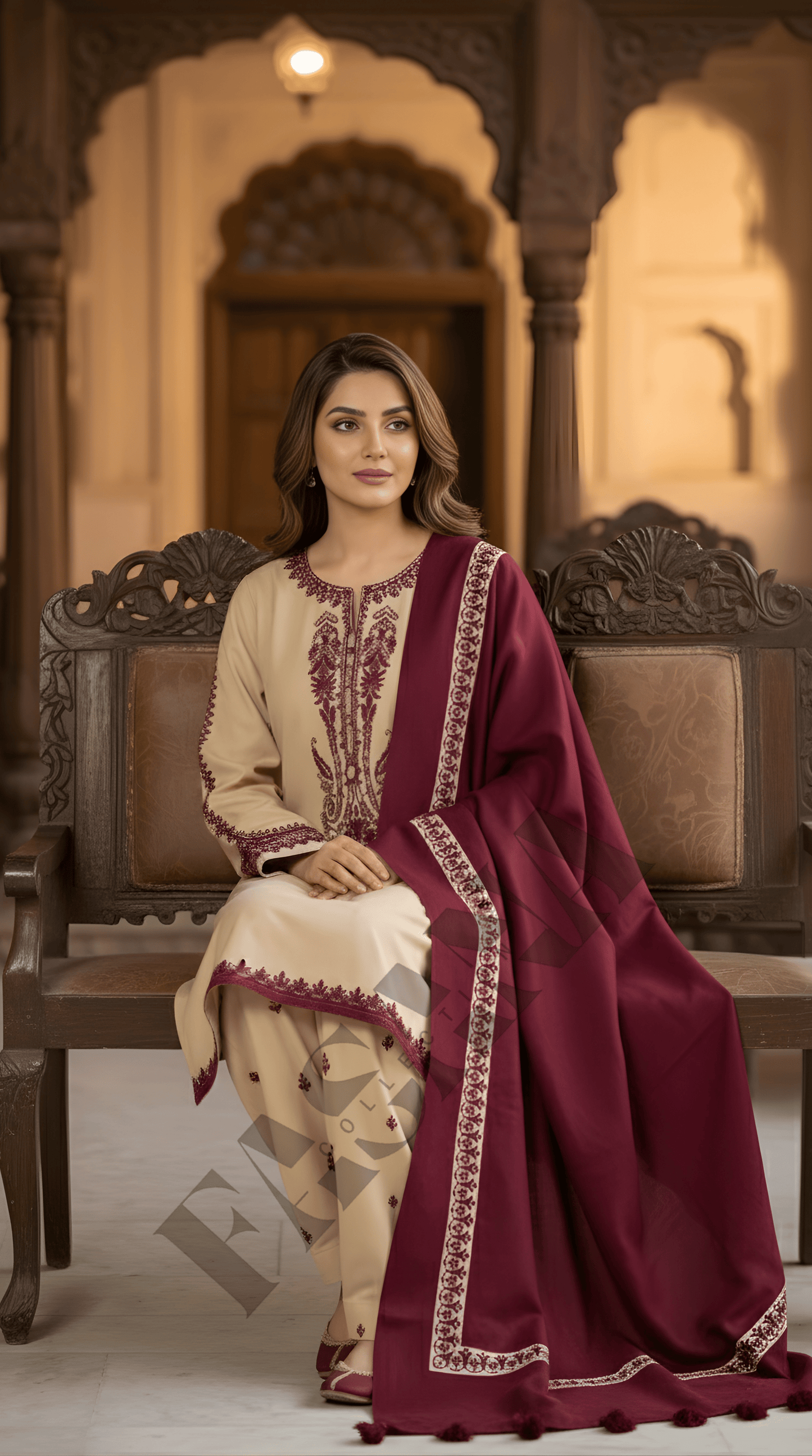 Dhanak 3PC Embroidered Winter Suit with Wool Shawl(UNSTITCH)