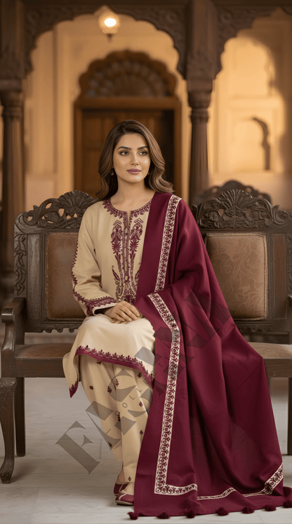 Dhanak 3PC Embroidered Winter Suit with Wool Shawl(UNSTITCH)