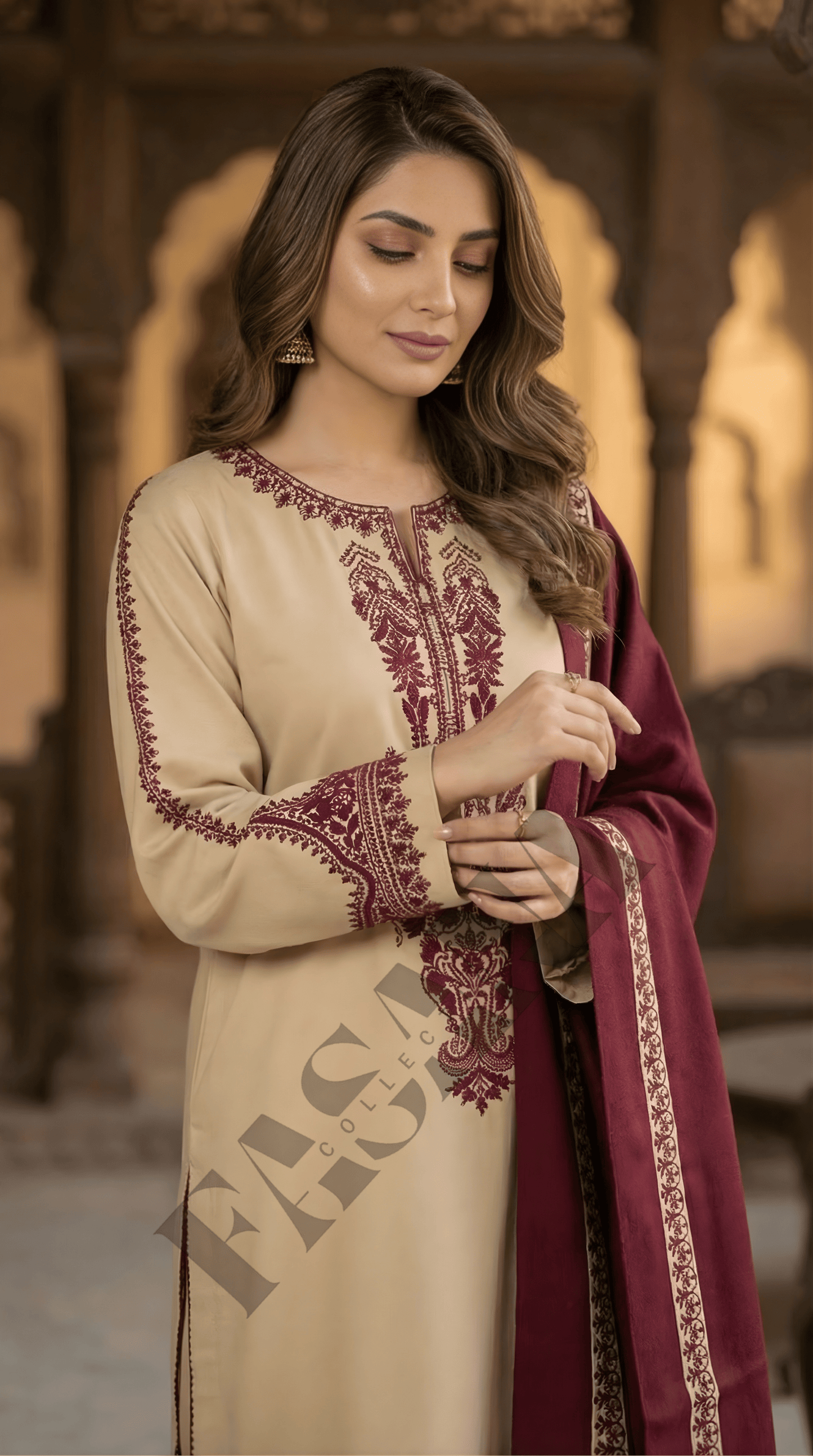 Dhanak 3PC Embroidered Winter Suit with Wool Shawl(UNSTITCH)