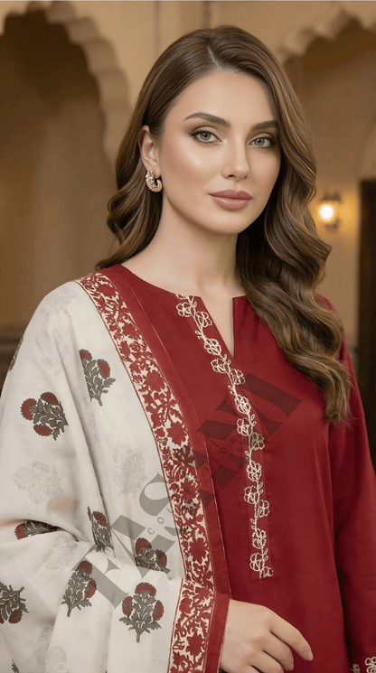 Dhanak 3PC Embroidered Winter Suit with Wool Shawl (UNSTITCH)