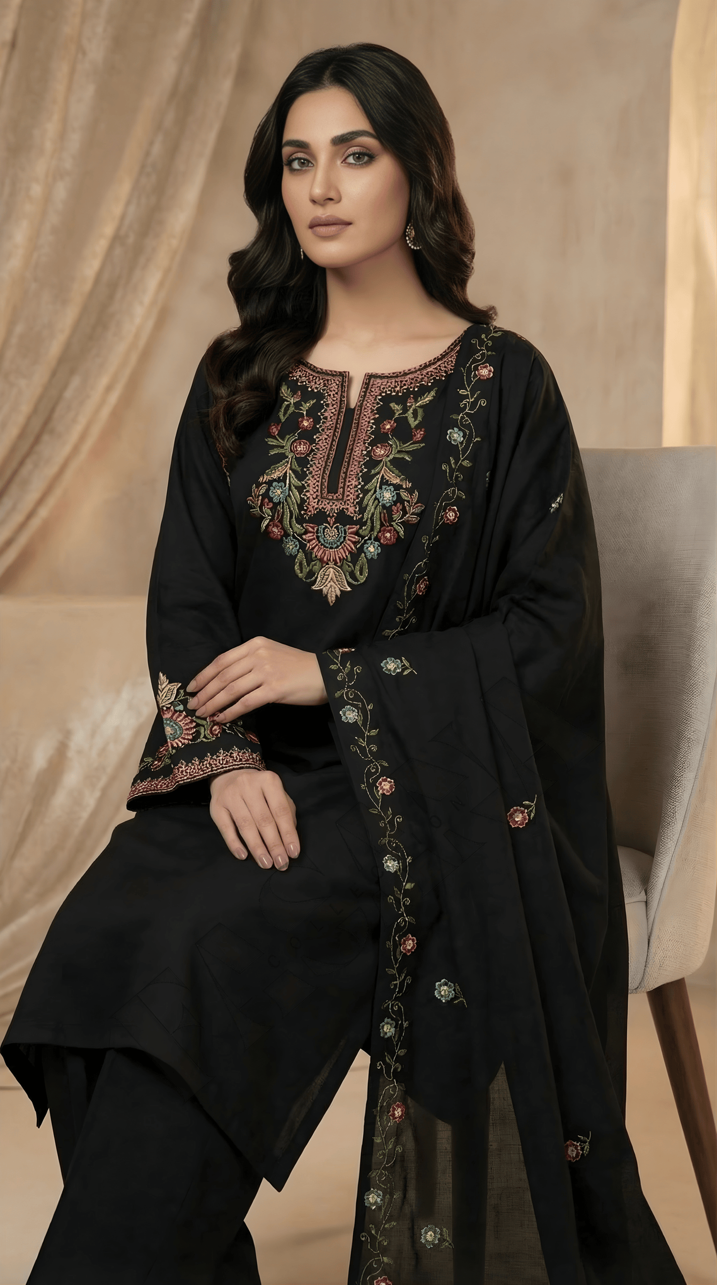 Dhanak 3PC Embroidered Winter Suit with Embroidered Shawl (UNSTITCH)
