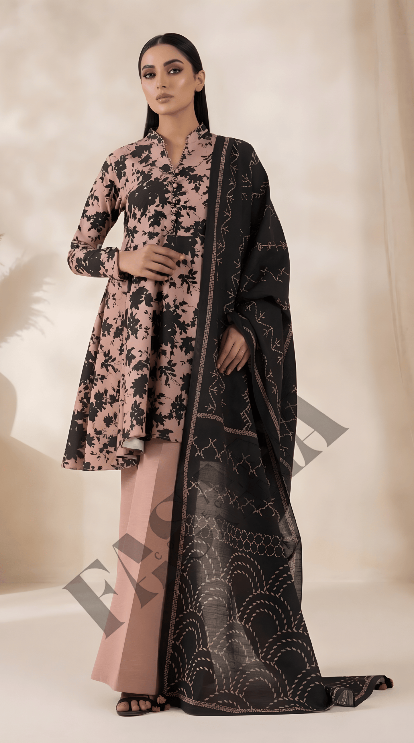 Sapphire Blush & Black Printed 3-Piece khaddar Suit (UNSTITCH)
