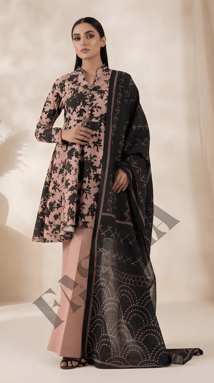 Sapphire Blush & Black Printed 3-Piece khaddar Suit (UNSTITCH)