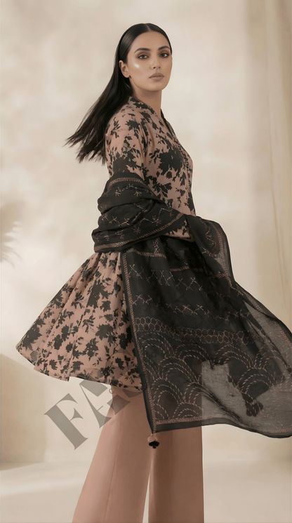 Sapphire Blush & Black Printed 3-Piece khaddar Suit (UNSTITCH)