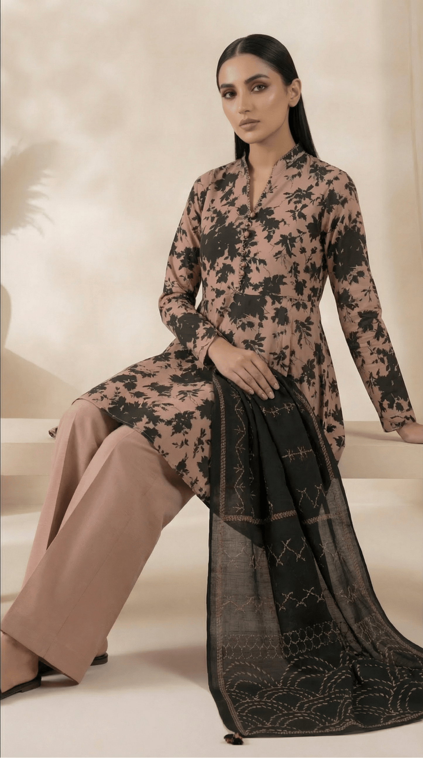 Sapphire Blush & Black Printed 3-Piece khaddar Suit (UNSTITCH)
