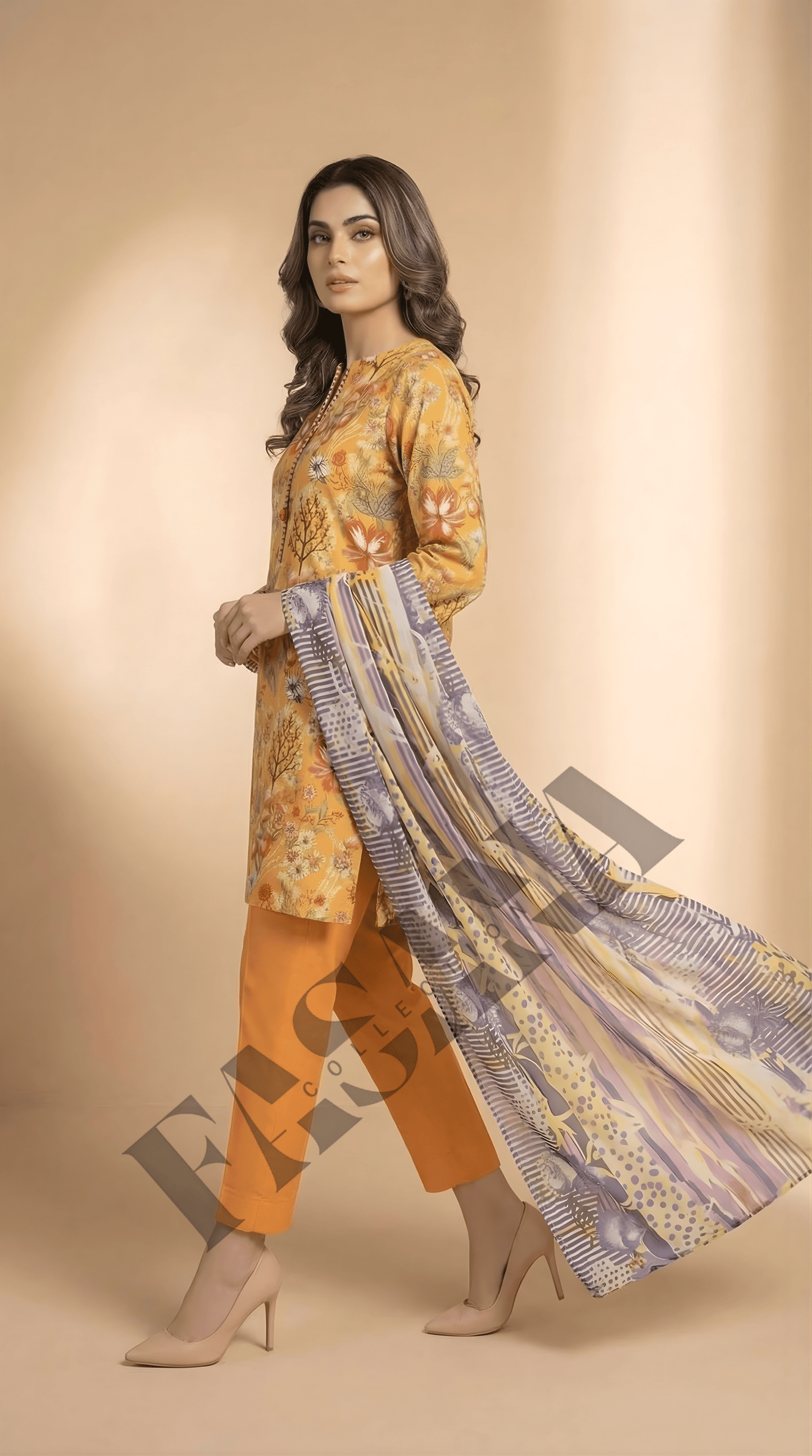 Sapphire Mustard Floral 3-Piece khaddar Suit (UNSTITCH)