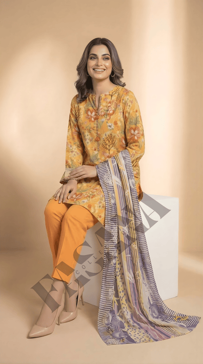 Sapphire Mustard Floral 3-Piece khaddar Suit (UNSTITCH)