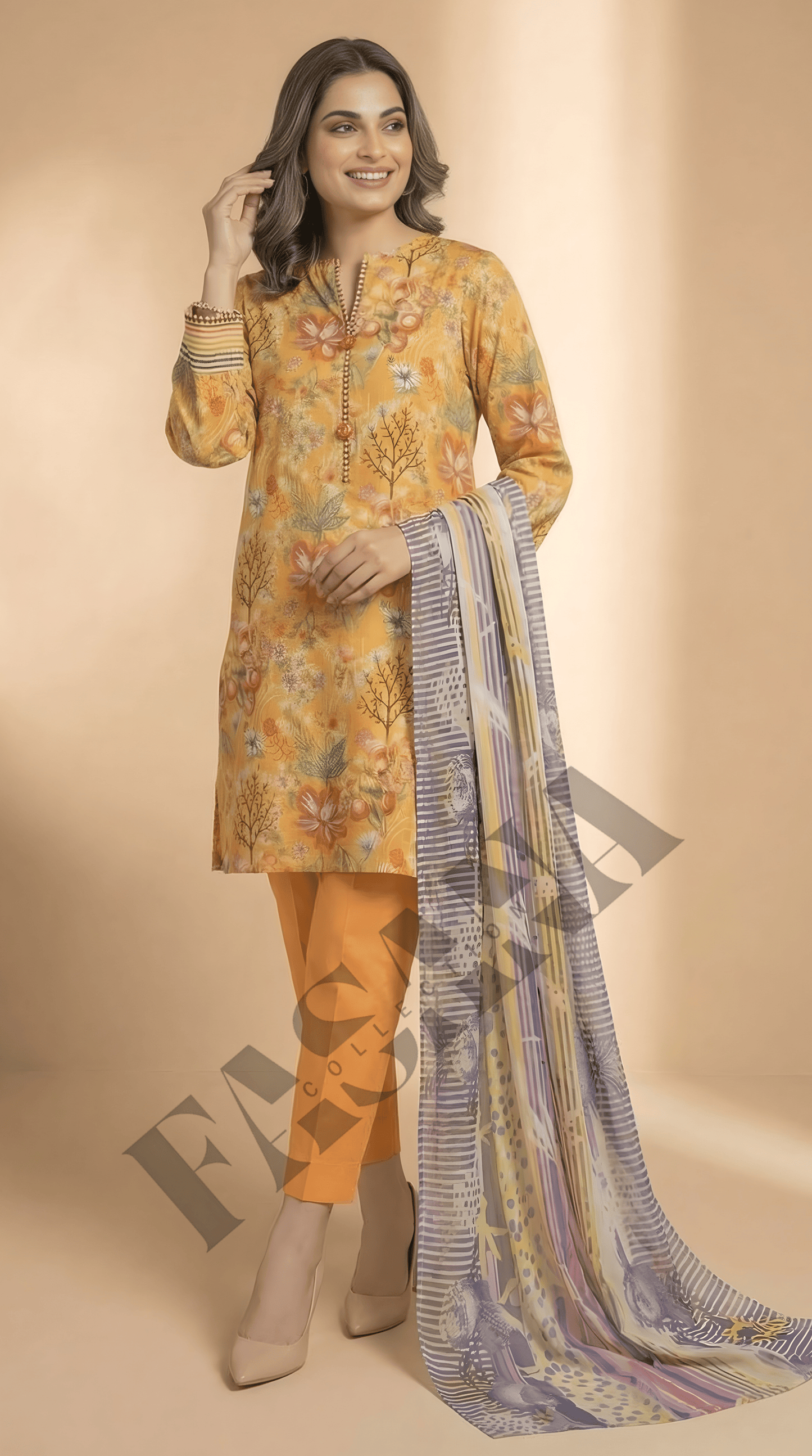 Sapphire Mustard Floral 3-Piece khaddar Suit (UNSTITCH)