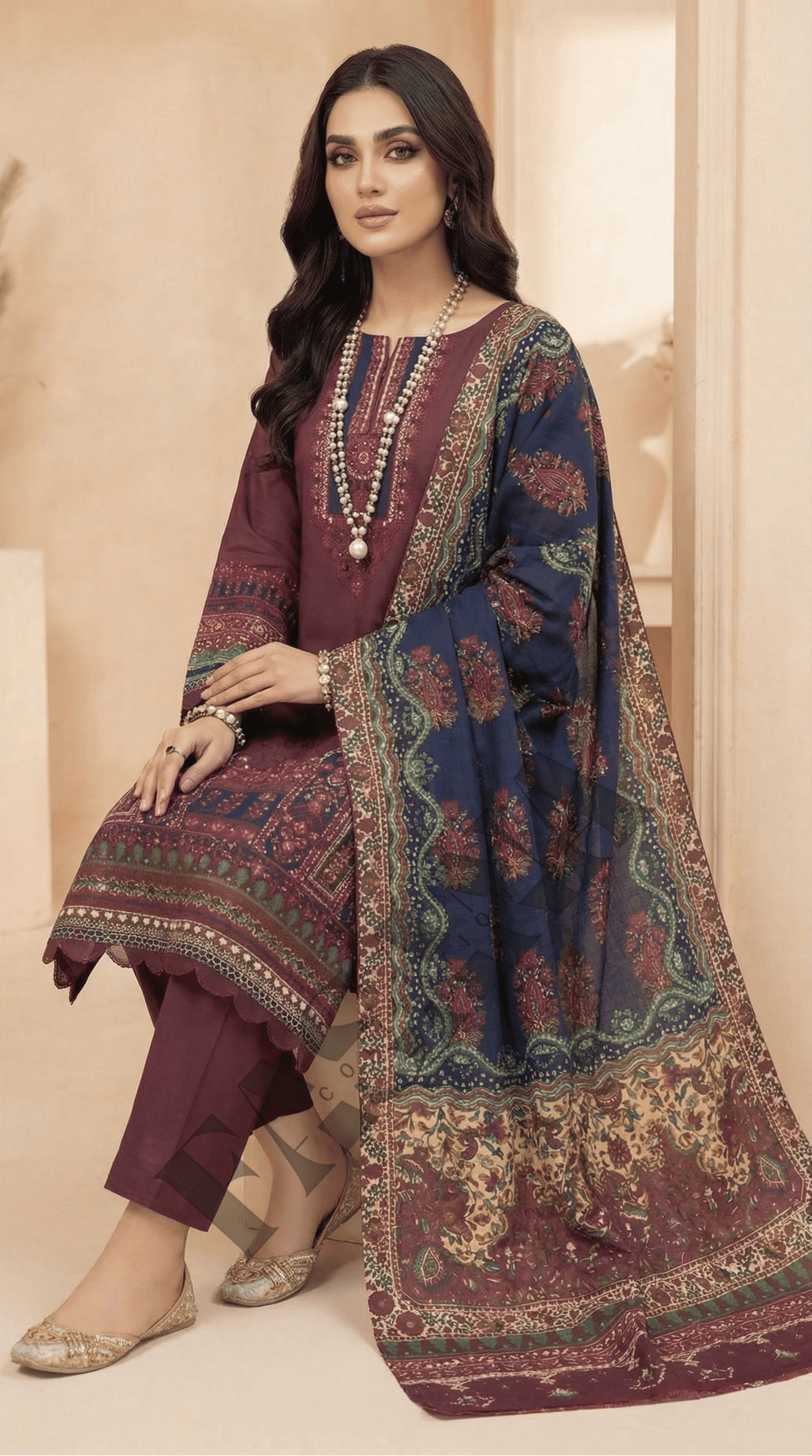 Mausummery Winter Khaddar Garnet 3PC Digital Printed Unstitched Suit